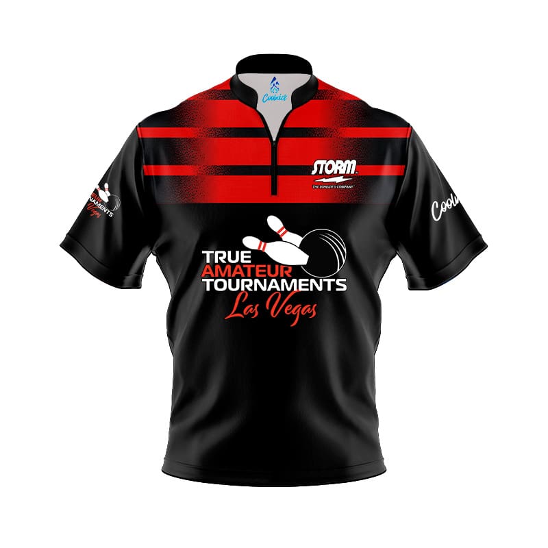 Image of TAT True Amateur Tournament Black Red Stripes CoolWick Bowling Jersey